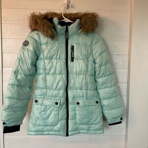 Justice Girl’s Teal Puffer Jacket with Faux Fur Hood